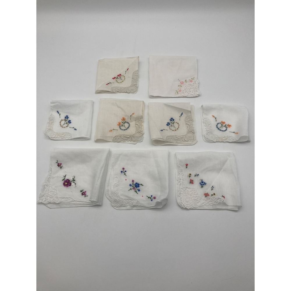 Lot 9 Vintage Floral Handkerchiefs Fine Embroidered Lace Corner Linen Hankies